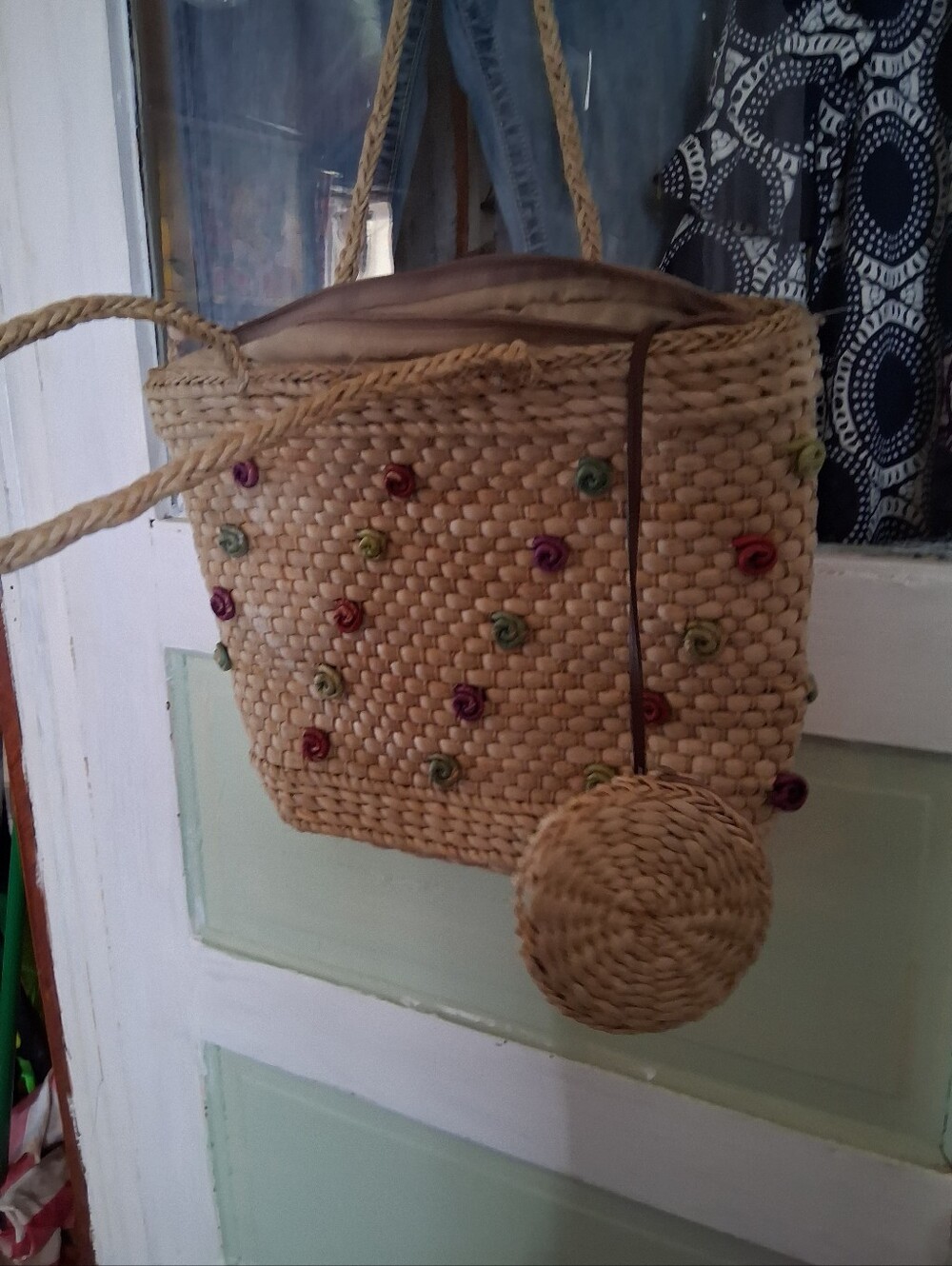 Woven Straw Tote Bag with Multicolor Flower Accents